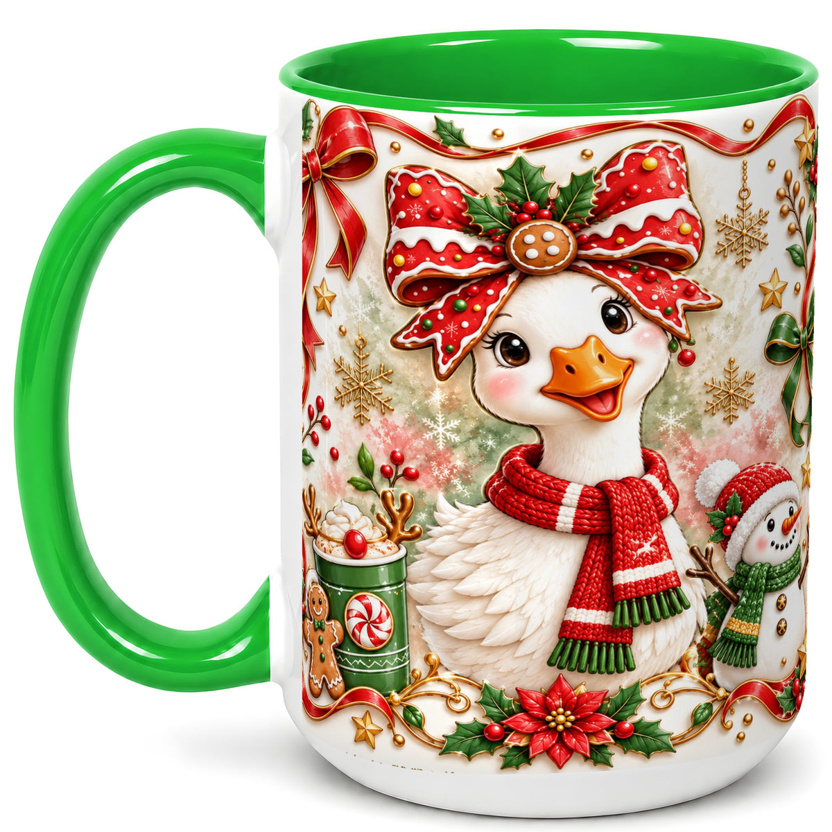 #pl[15oz|Green] Cute Christmas Goose Coffee Mug, Gingerbread Bow Mug, Ceramic Cup