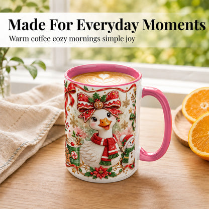 #pl[15oz|Pink] Cute Christmas Goose Coffee Mug, Gingerbread Bow Mug, Ceramic Cup