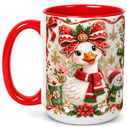 #pl[15oz|Red] Cute Christmas Goose Coffee Mug, Gingerbread Bow Mug, Ceramic Cup