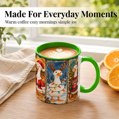#pl[11oz|Green] Christmas Goose Trio Coffee Mug, Vintage Holiday Mug, Ceramic Cup