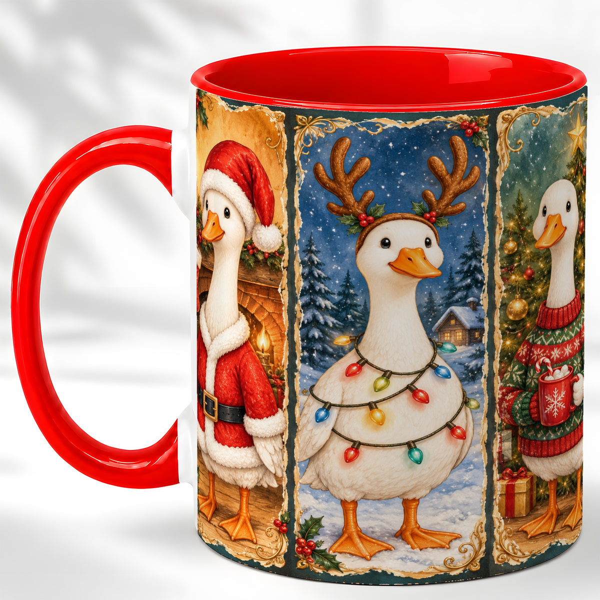 Christmas Goose Trio Coffee Mug, Vintage Holiday Mug, Ceramic Cup