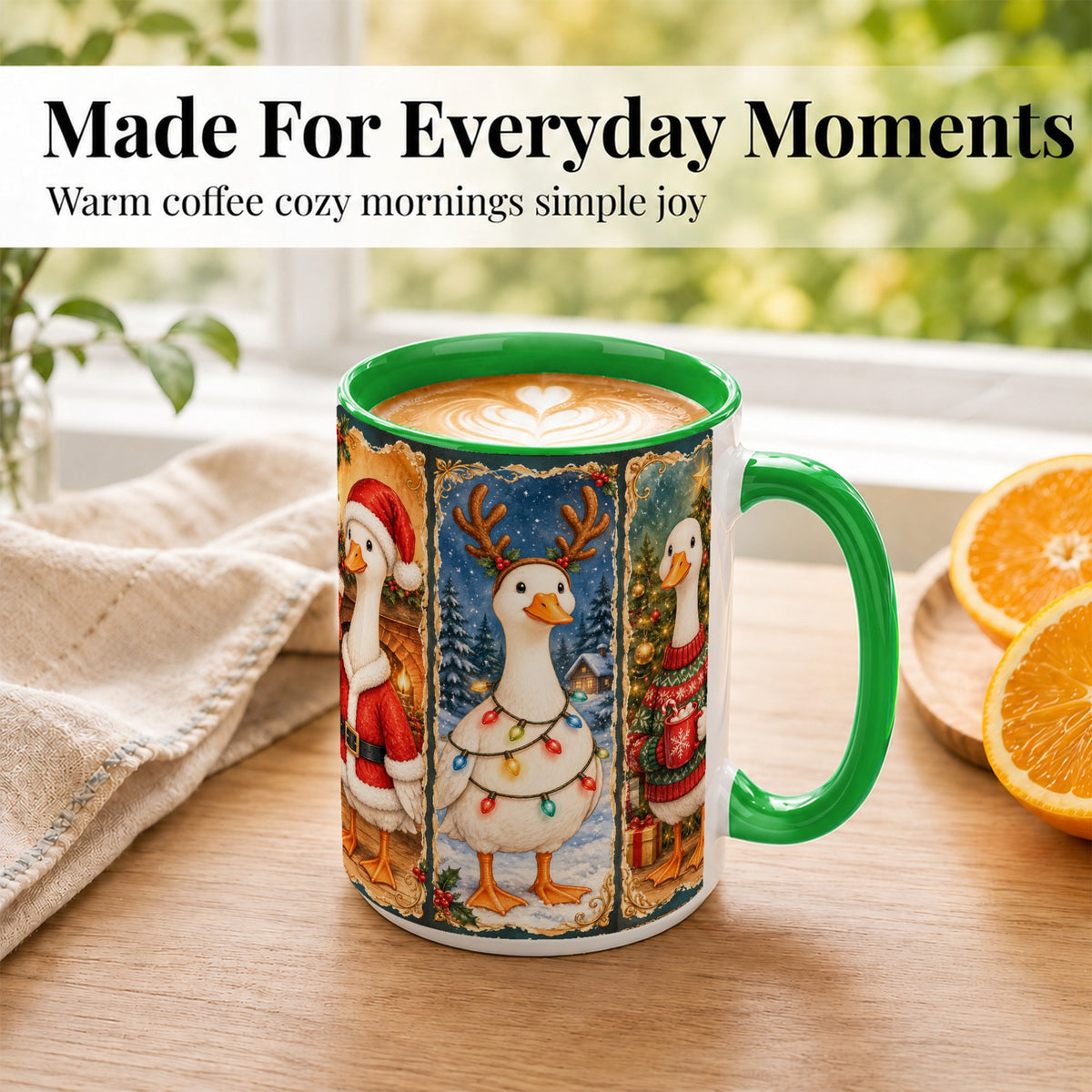 #pl[15oz|Green] Christmas Goose Trio Coffee Mug, Vintage Holiday Mug, Ceramic Cup
