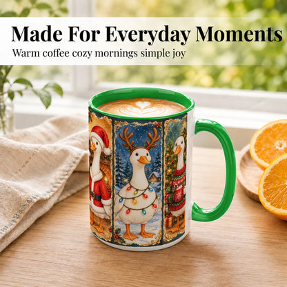 #pl[15oz|Green] Christmas Goose Trio Coffee Mug, Vintage Holiday Mug, Ceramic Cup