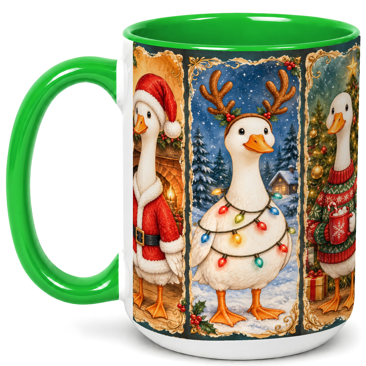 #pl[15oz|Green] Christmas Goose Trio Coffee Mug, Vintage Holiday Mug, Ceramic Cup