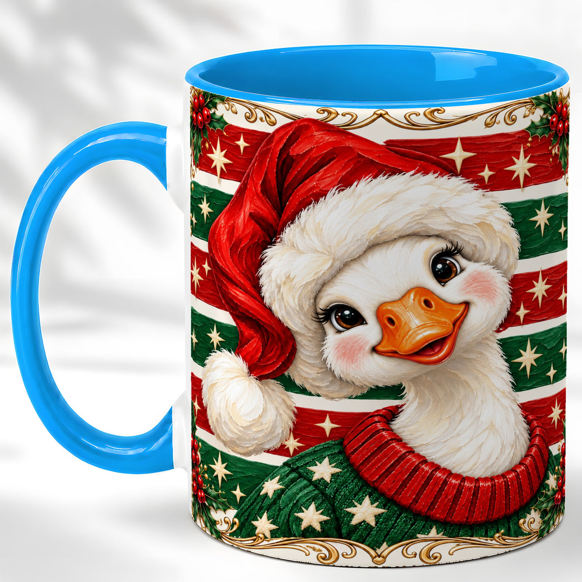 #pl[11oz|Blue] Christmas Goose Coffee Mug, Santa Hat Portrait Mug, Ceramic Cup