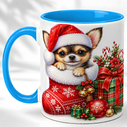 #pl[11oz|Blue] Christmas Chihuahua Coffee Mug, Santa Puppy Mug, Ceramic Cup