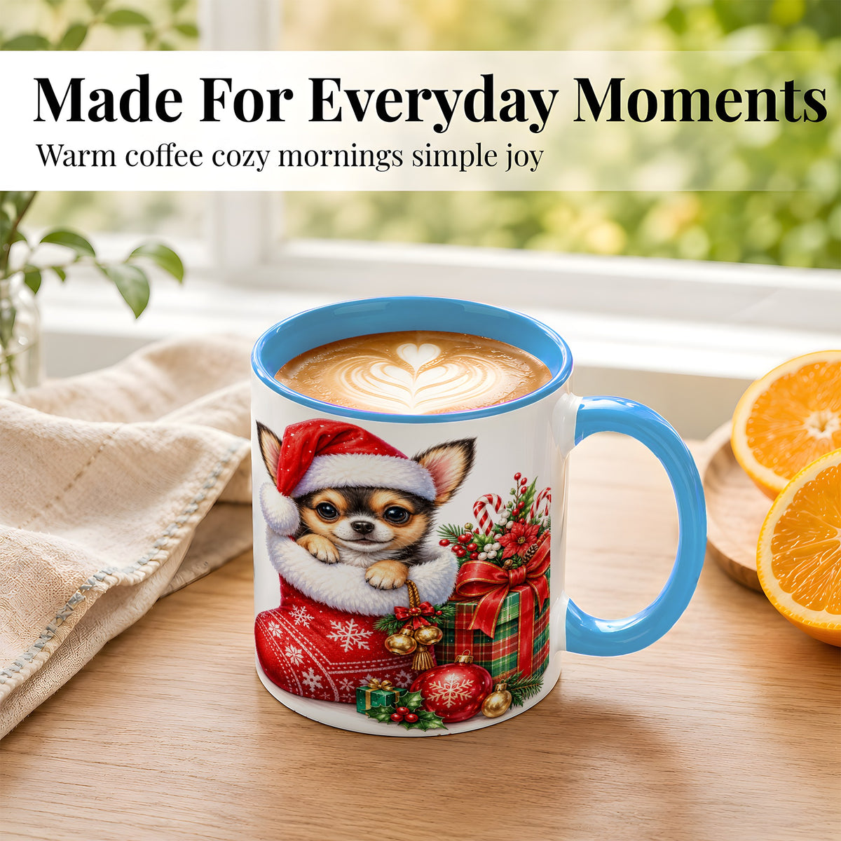 #pl[11oz|Blue] Christmas Chihuahua Coffee Mug, Santa Puppy Mug, Ceramic Cup