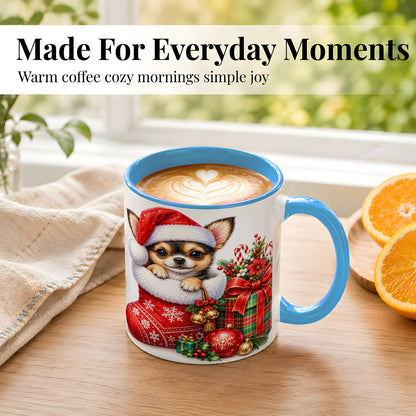 #pl[11oz|Blue] Christmas Chihuahua Coffee Mug, Santa Puppy Mug, Ceramic Cup
