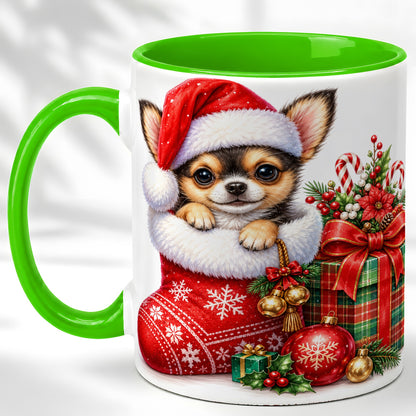 #pl[11oz|Green] Christmas Chihuahua Coffee Mug, Santa Puppy Mug, Ceramic Cup