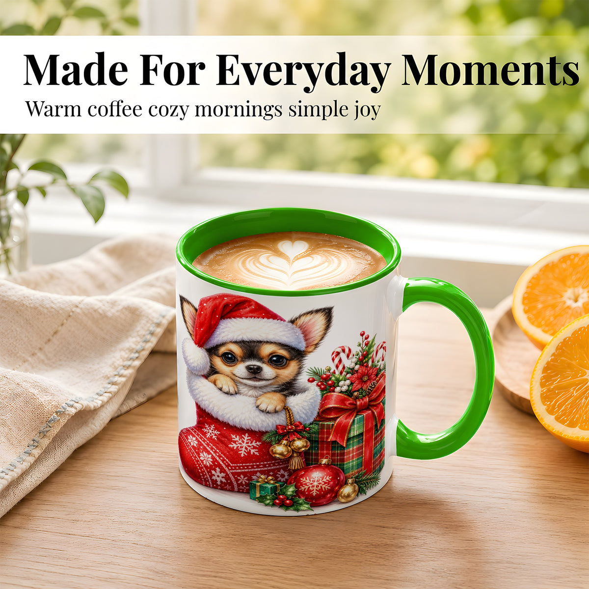 #pl[11oz|Green] Christmas Chihuahua Coffee Mug, Santa Puppy Mug, Ceramic Cup