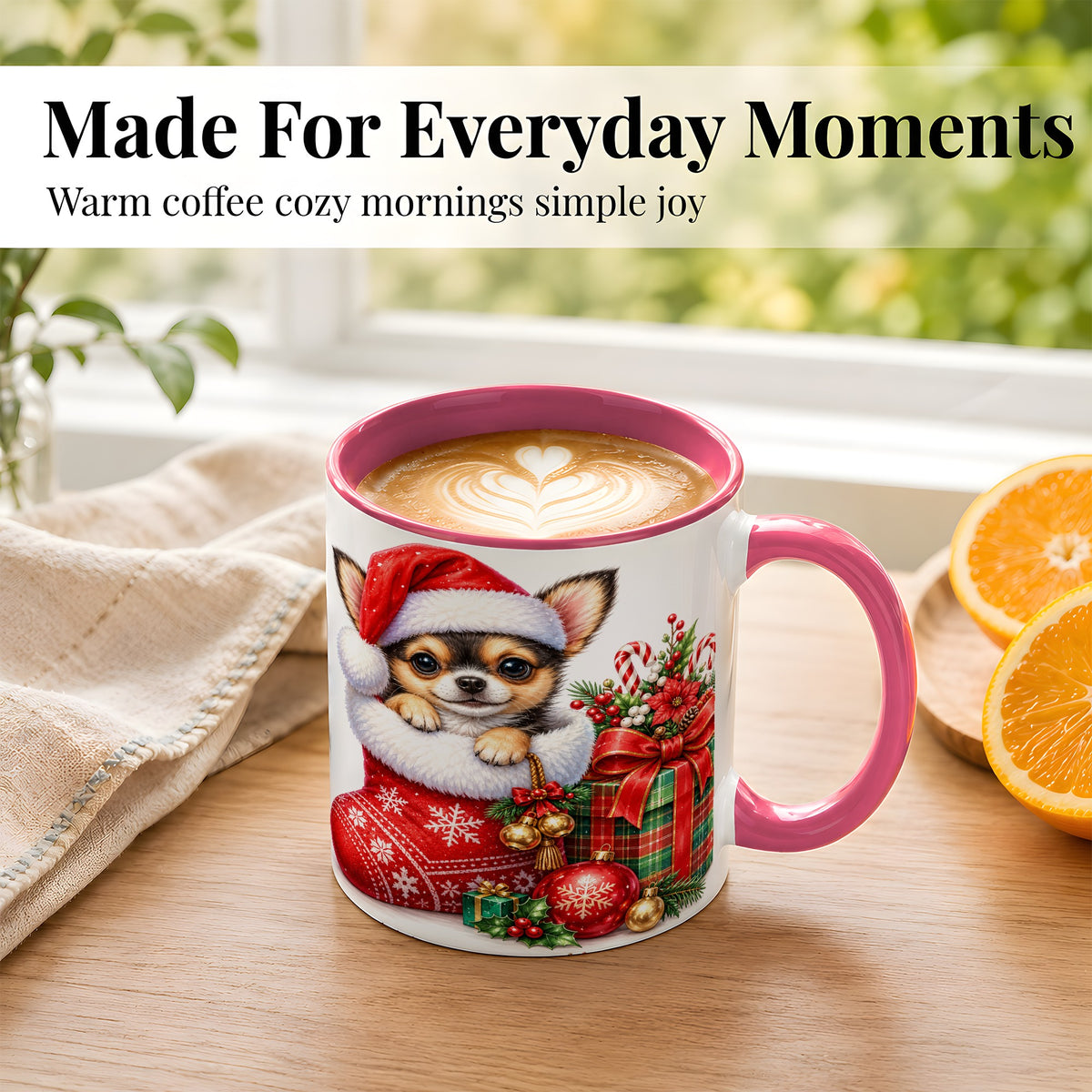 #pl[11oz|Pink] Christmas Chihuahua Coffee Mug, Santa Puppy Mug, Ceramic Cup