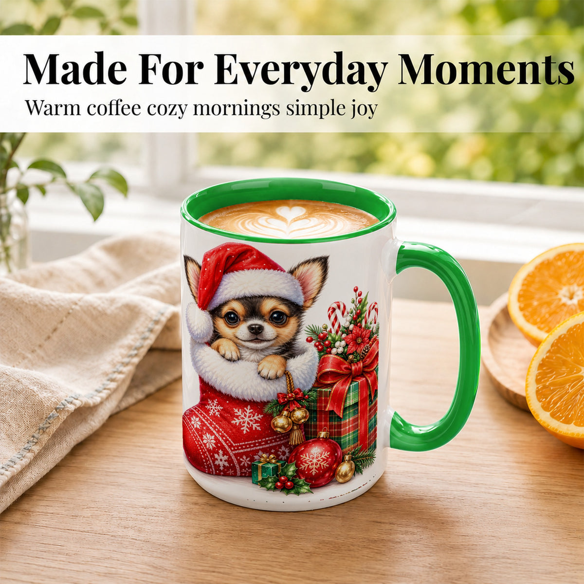 #pl[15oz|Green] Christmas Chihuahua Coffee Mug, Santa Puppy Mug, Ceramic Cup