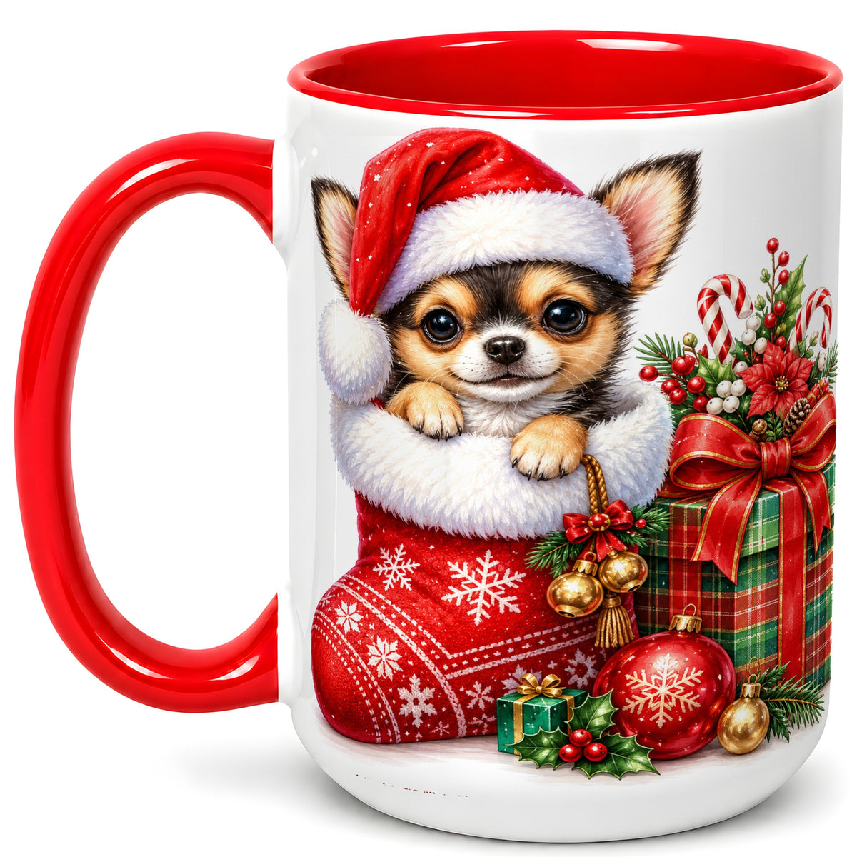 #pl[15oz|Red] Christmas Chihuahua Coffee Mug, Santa Puppy Mug, Ceramic Cup