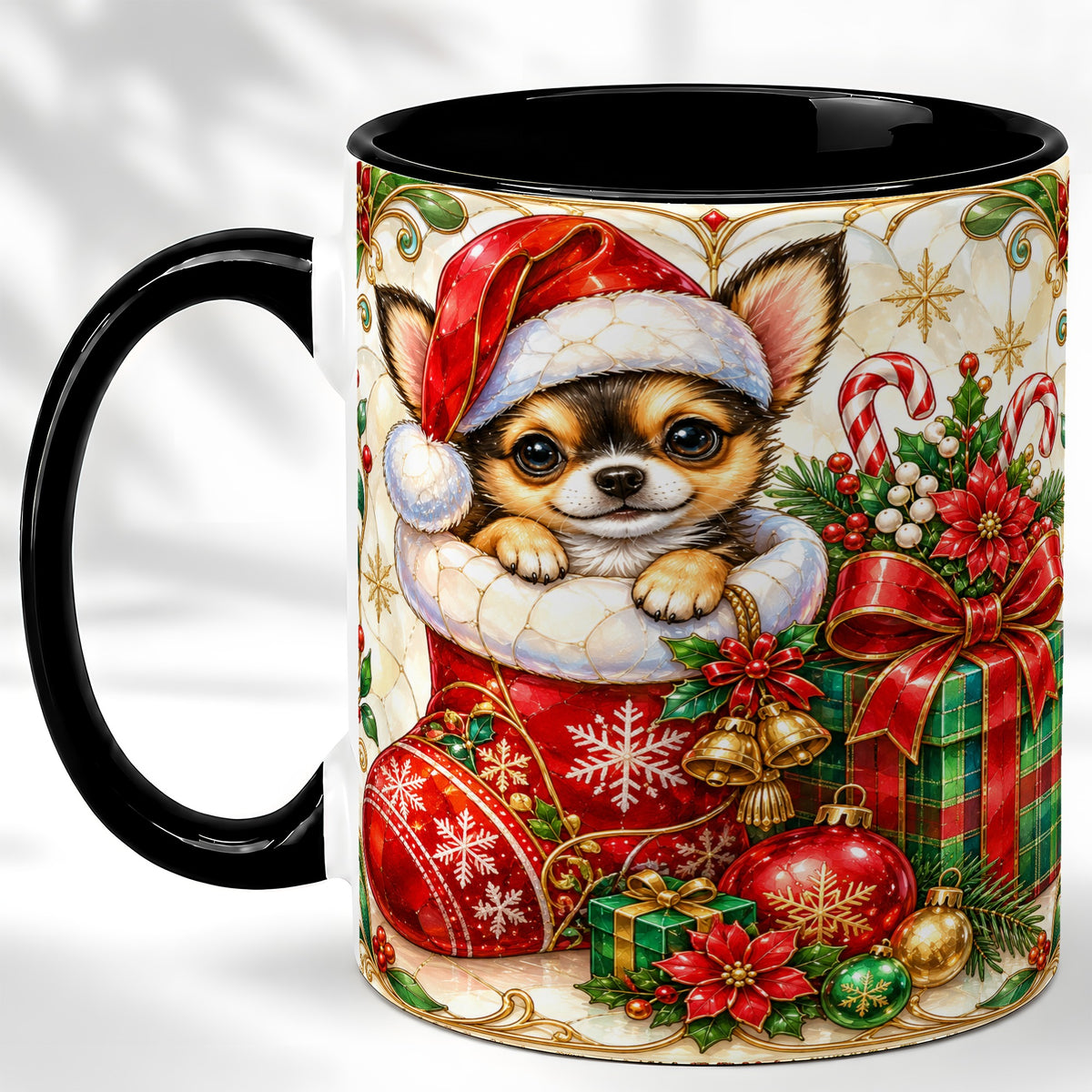 #pl[11oz|Black] Stained Glass Chihuahua Coffee Mug, Christmas Puppy Mug, Ceramic Cup