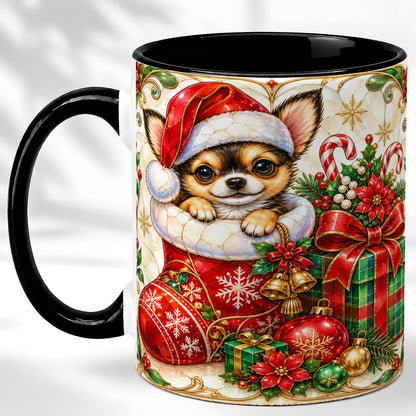 #pl[11oz|Black] Stained Glass Chihuahua Coffee Mug, Christmas Puppy Mug, Ceramic Cup