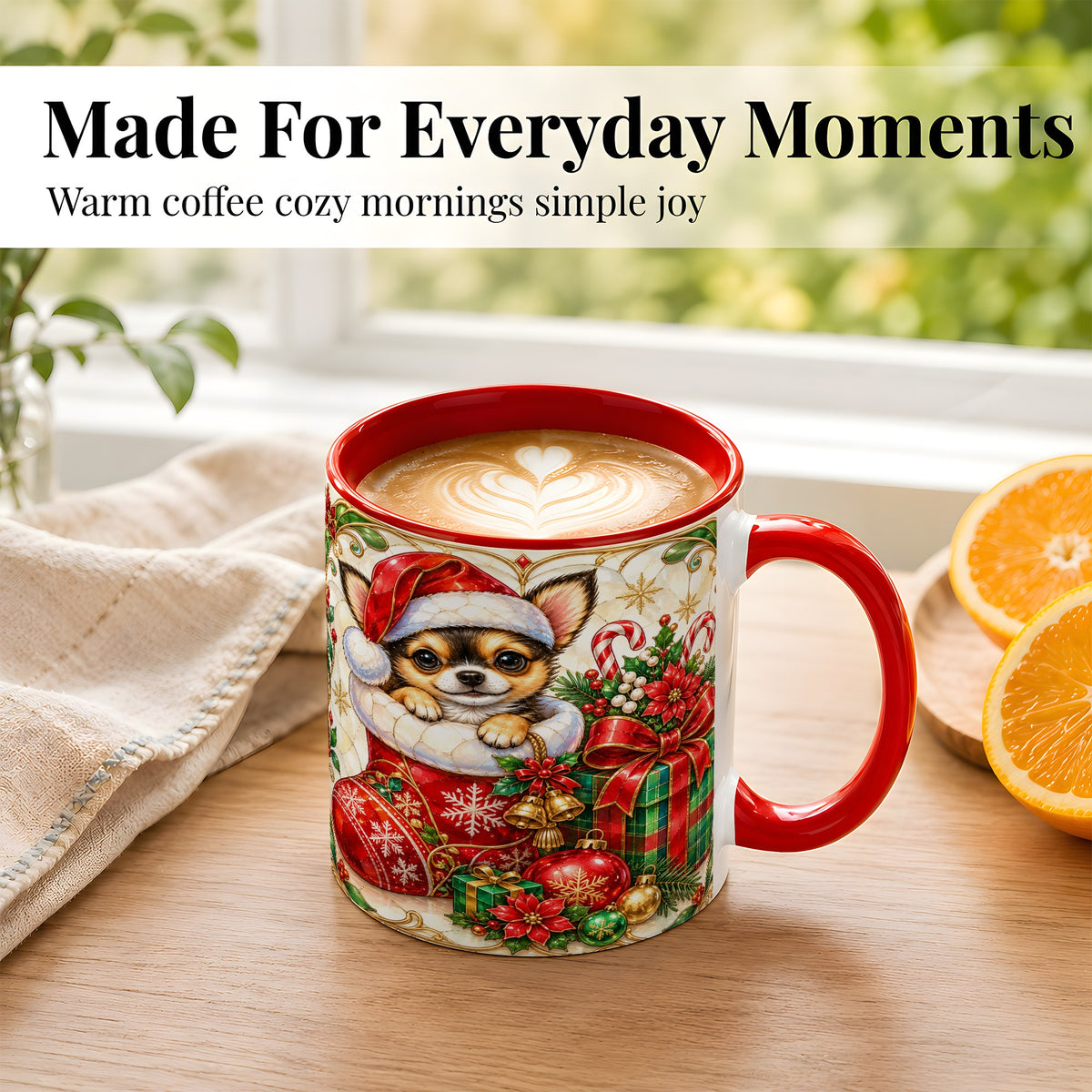 #pl[11oz|Red] Stained Glass Chihuahua Coffee Mug, Christmas Puppy Mug, Ceramic Cup