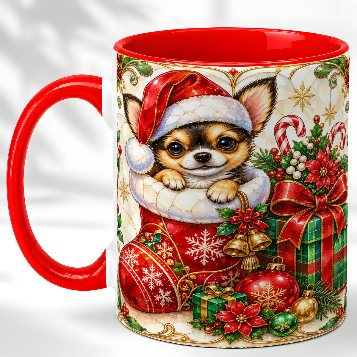 Stained Glass Chihuahua Coffee Mug, Christmas Puppy Mug, Ceramic Cup