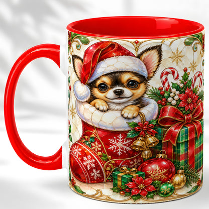 Stained Glass Chihuahua Coffee Mug, Christmas Puppy Mug, Ceramic Cup