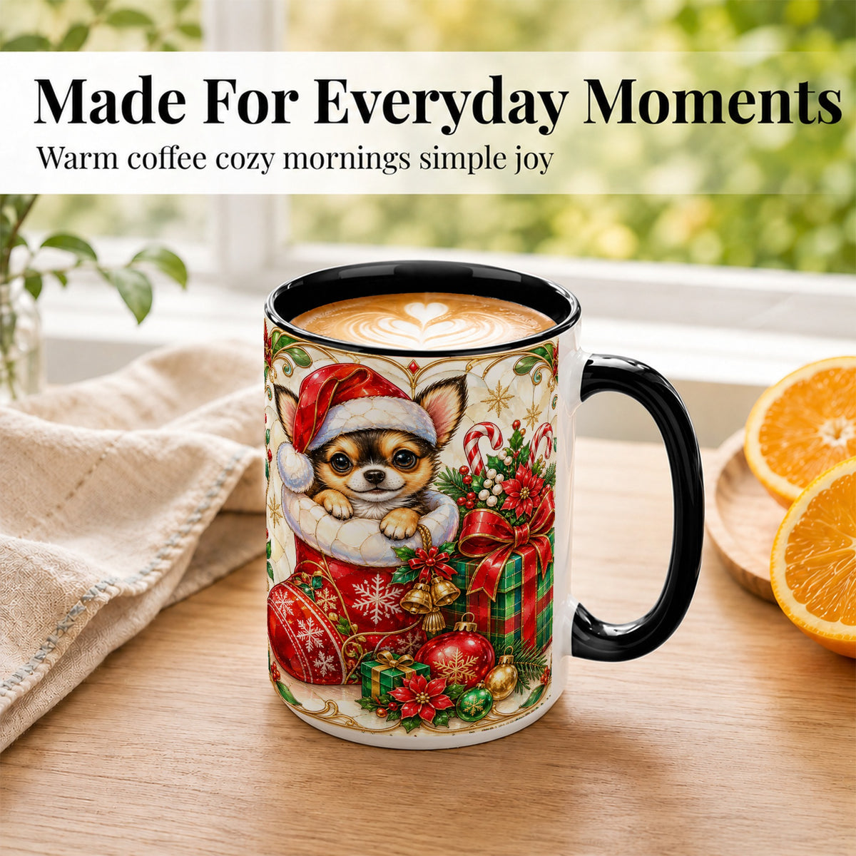 #pl[15oz|Black] Stained Glass Chihuahua Coffee Mug, Christmas Puppy Mug, Ceramic Cup
