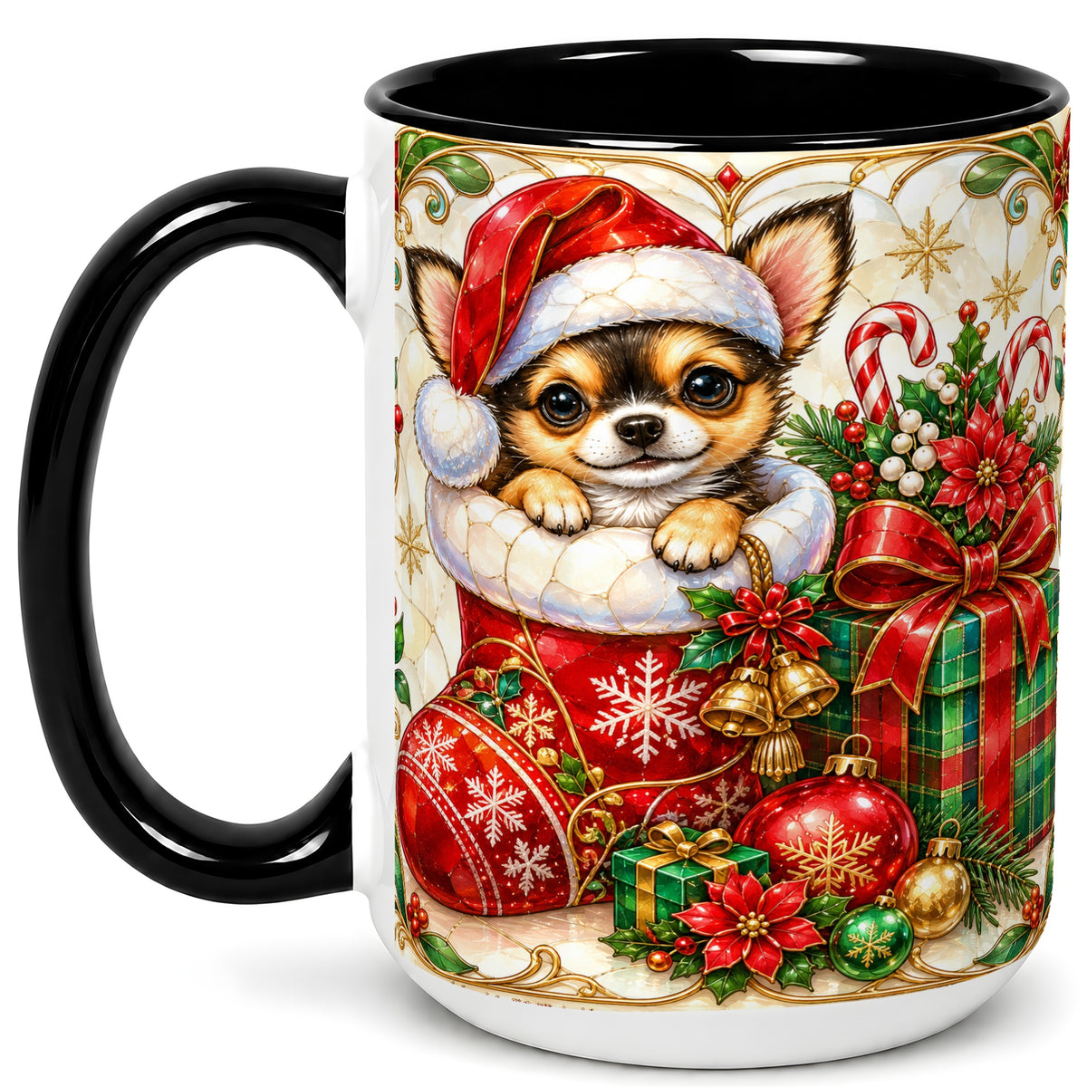 #pl[15oz|Black] Stained Glass Chihuahua Coffee Mug, Christmas Puppy Mug, Ceramic Cup