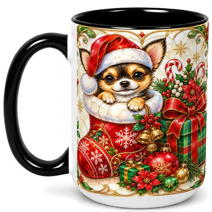 #pl[15oz|Black] Stained Glass Chihuahua Coffee Mug, Christmas Puppy Mug, Ceramic Cup