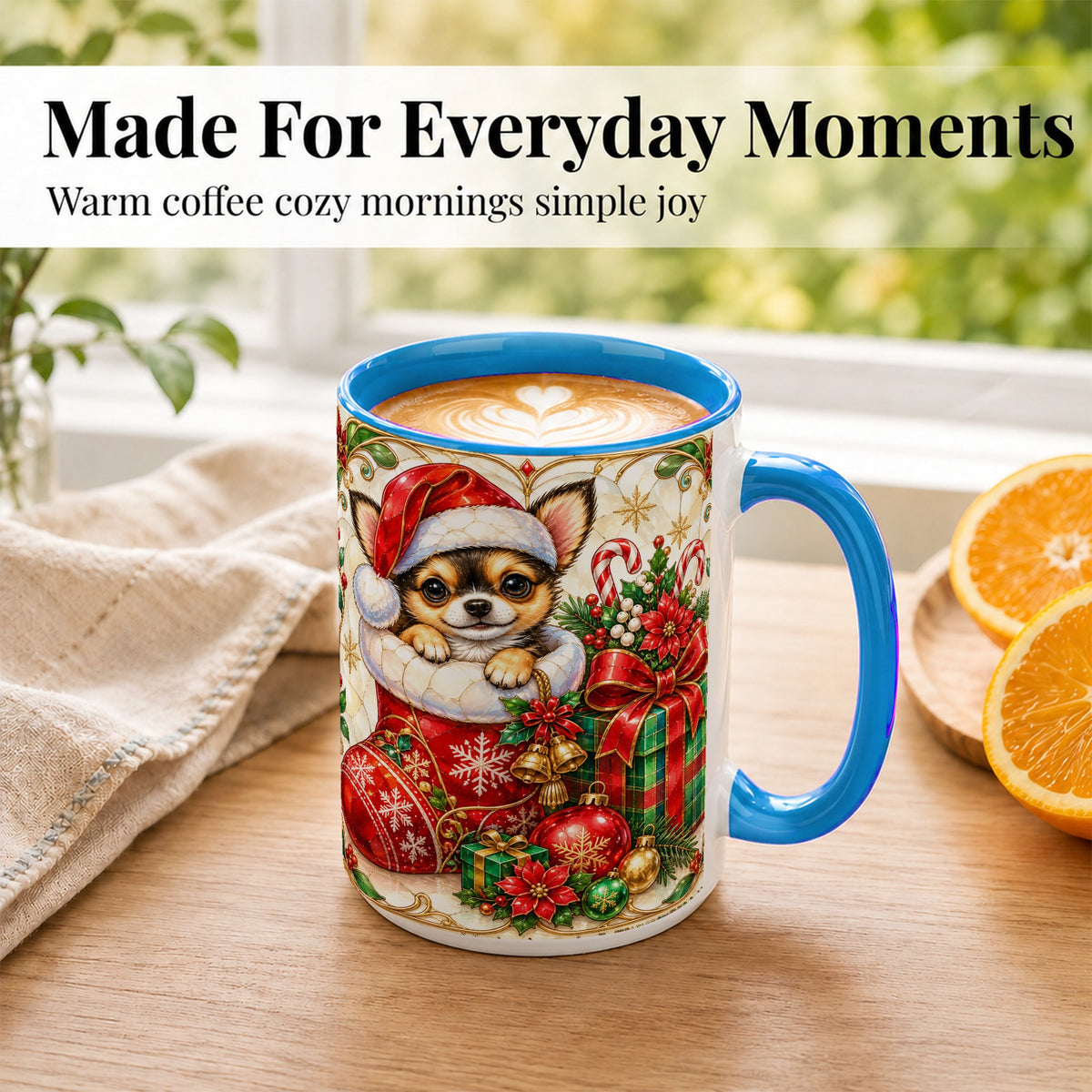 #pl[15oz|Blue] Stained Glass Chihuahua Coffee Mug, Christmas Puppy Mug, Ceramic Cup