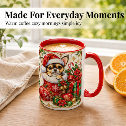 #pl[15oz|Red] Stained Glass Chihuahua Coffee Mug, Christmas Puppy Mug, Ceramic Cup