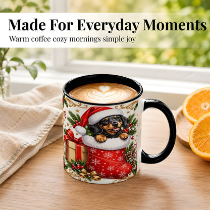 #pl[11oz|Black] Christmas Dachshund Coffee Mug, Santa Wiener Dog Mug, Ceramic Cup