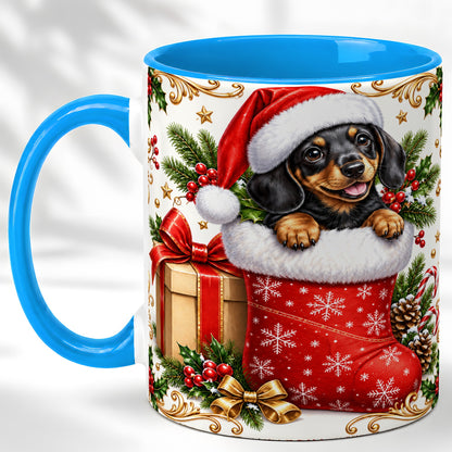 #pl[11oz|Blue] Christmas Dachshund Coffee Mug, Santa Wiener Dog Mug, Ceramic Cup