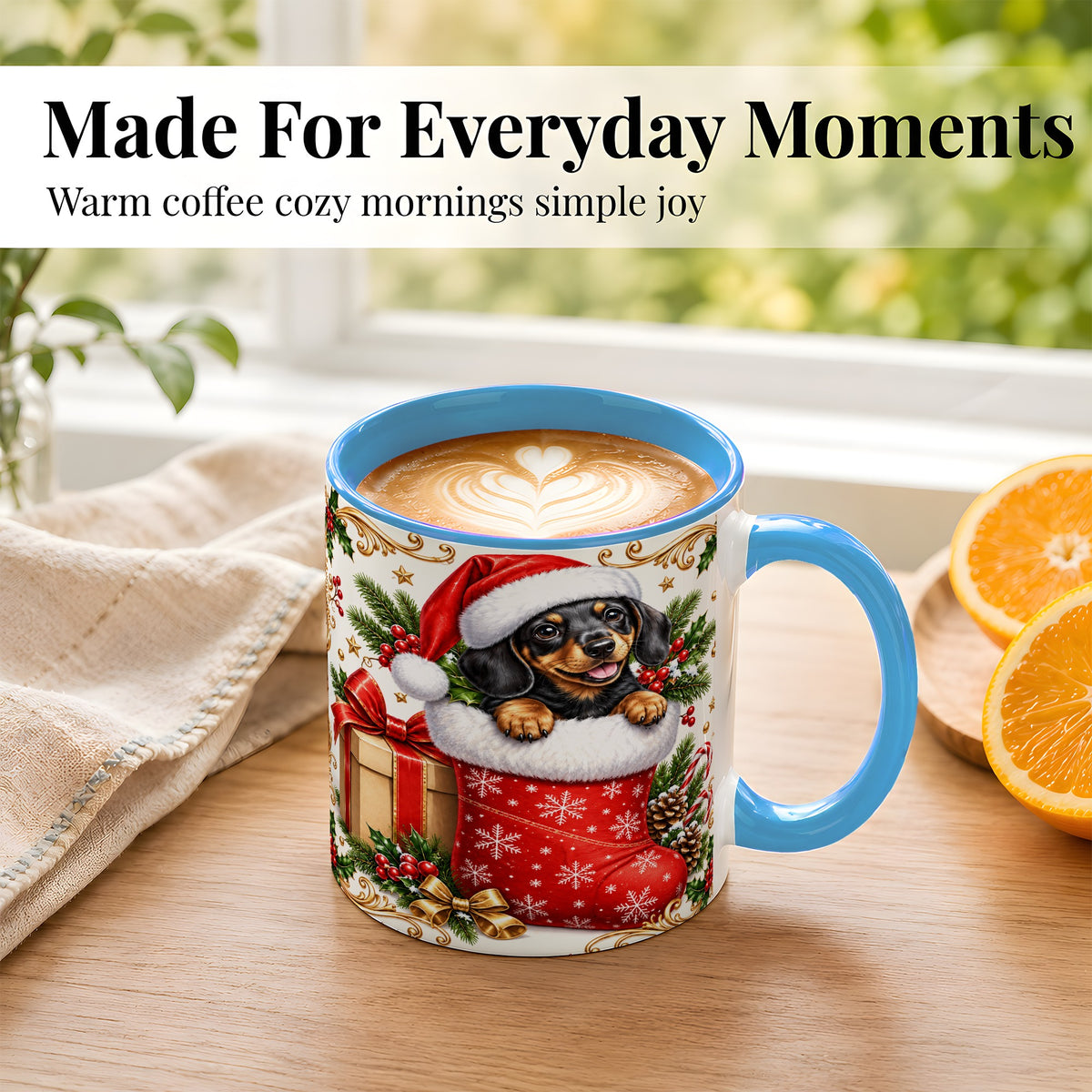 #pl[11oz|Blue] Christmas Dachshund Coffee Mug, Santa Wiener Dog Mug, Ceramic Cup