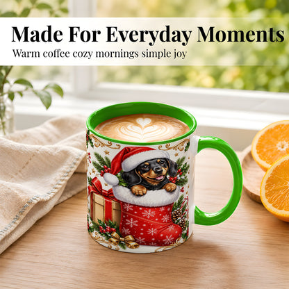 #pl[11oz|Green] Christmas Dachshund Coffee Mug, Santa Wiener Dog Mug, Ceramic Cup