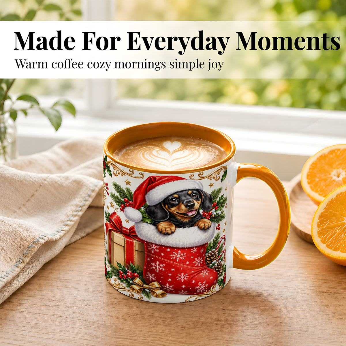 #pl[11oz|Orange] Christmas Dachshund Coffee Mug, Santa Wiener Dog Mug, Ceramic Cup