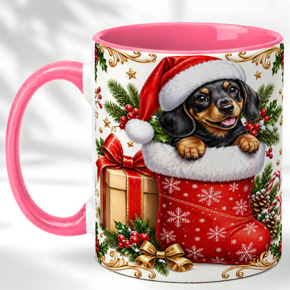 #pl[11oz|Pink] Christmas Dachshund Coffee Mug, Santa Wiener Dog Mug, Ceramic Cup