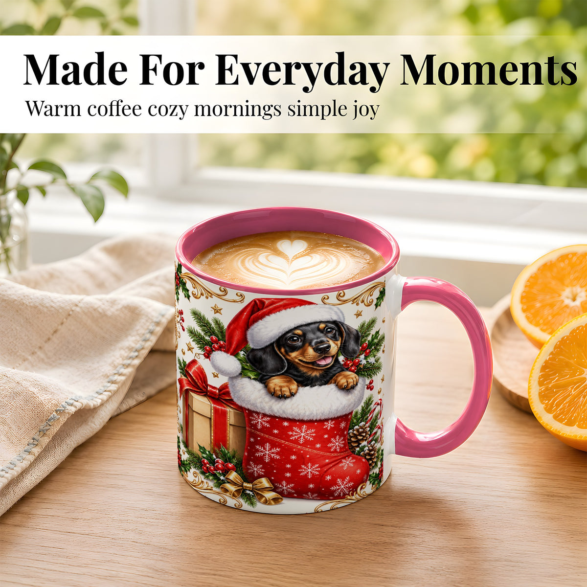 #pl[11oz|Pink] Christmas Dachshund Coffee Mug, Santa Wiener Dog Mug, Ceramic Cup
