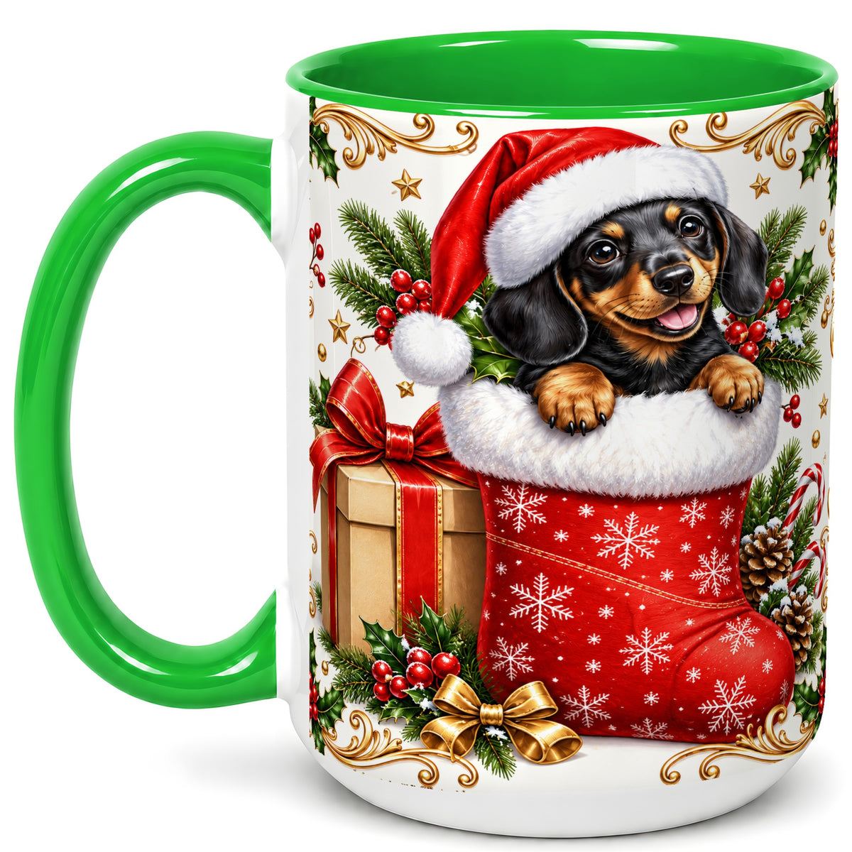 #pl[15oz|Green] Christmas Dachshund Coffee Mug, Santa Wiener Dog Mug, Ceramic Cup