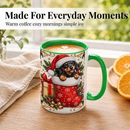 #pl[15oz|Green] Christmas Dachshund Coffee Mug, Santa Wiener Dog Mug, Ceramic Cup