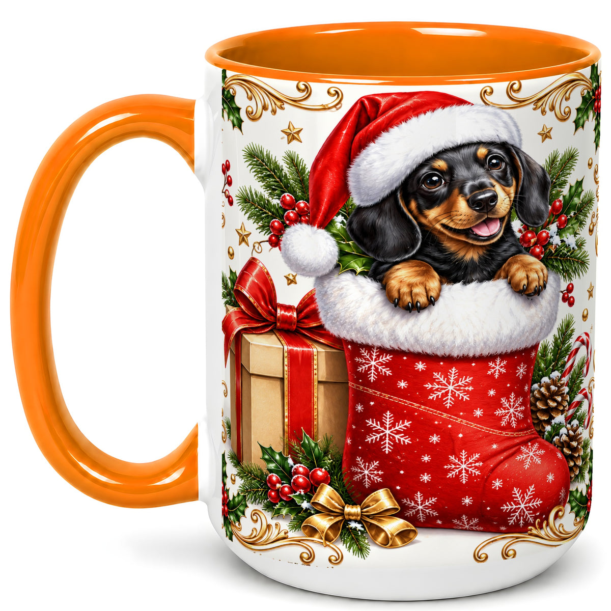 #pl[15oz|Orange] Christmas Dachshund Coffee Mug, Santa Wiener Dog Mug, Ceramic Cup