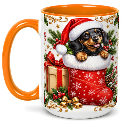 #pl[15oz|Orange] Christmas Dachshund Coffee Mug, Santa Wiener Dog Mug, Ceramic Cup