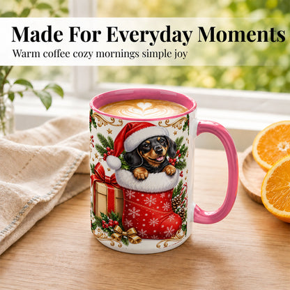 #pl[15oz|Pink] Christmas Dachshund Coffee Mug, Santa Wiener Dog Mug, Ceramic Cup