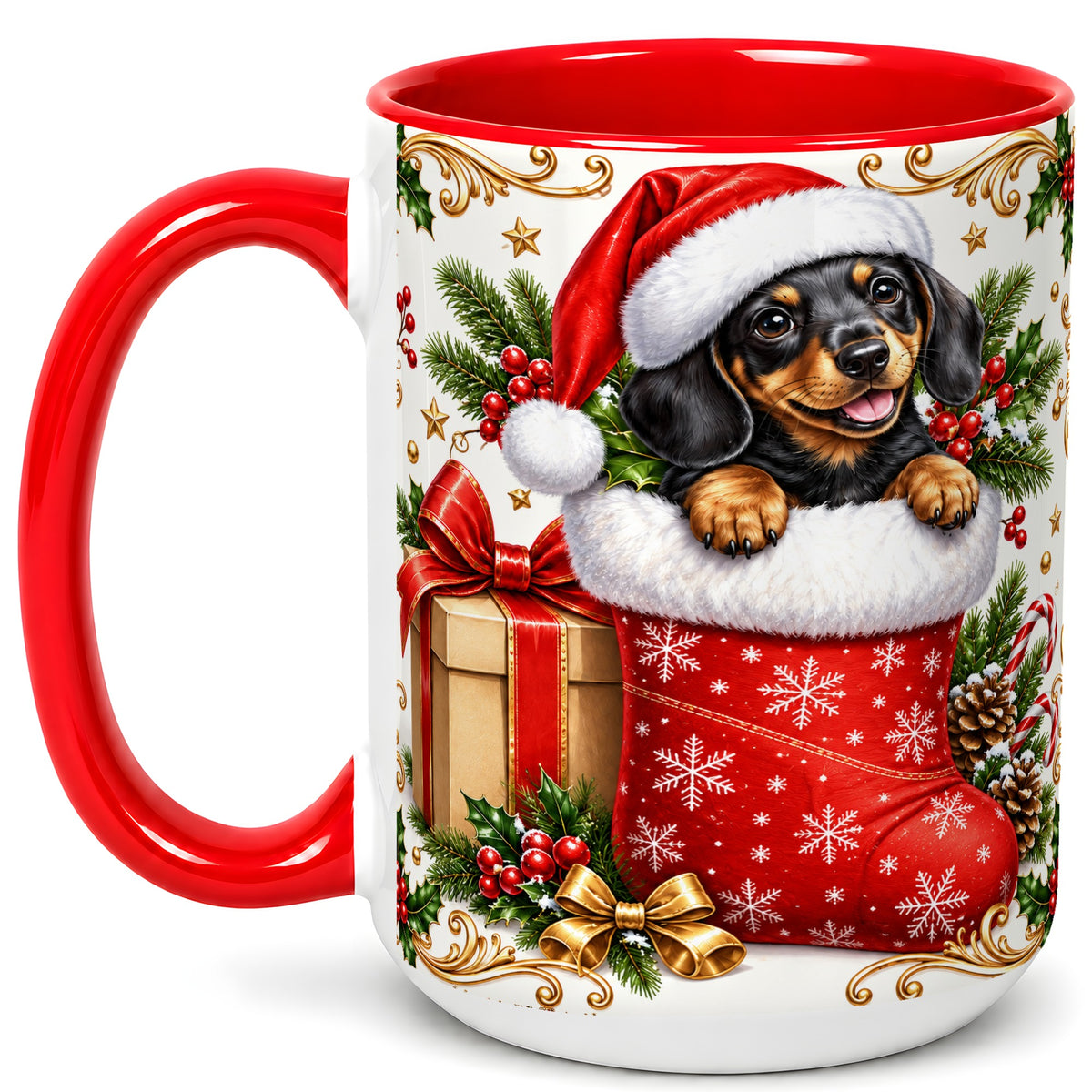 #pl[15oz|Red] Christmas Dachshund Coffee Mug, Santa Wiener Dog Mug, Ceramic Cup