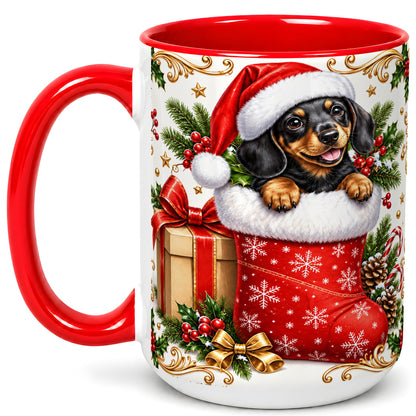 #pl[15oz|Red] Christmas Dachshund Coffee Mug, Santa Wiener Dog Mug, Ceramic Cup