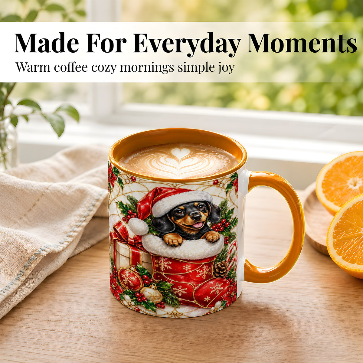 #pl[11oz|Orange] Stained Glass Dachshund Coffee Mug, Christmas Wiener Dog Mug, Ceramic Cup