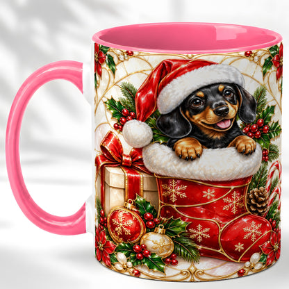#pl[11oz|Pink] Stained Glass Dachshund Coffee Mug, Christmas Wiener Dog Mug, Ceramic Cup