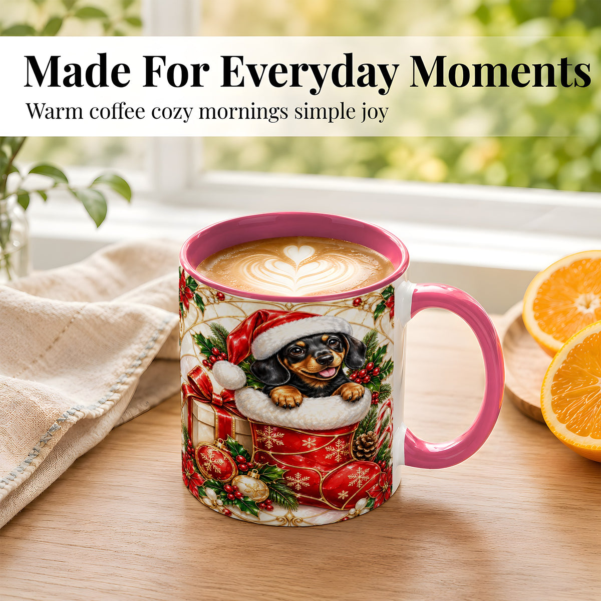 #pl[11oz|Pink] Stained Glass Dachshund Coffee Mug, Christmas Wiener Dog Mug, Ceramic Cup