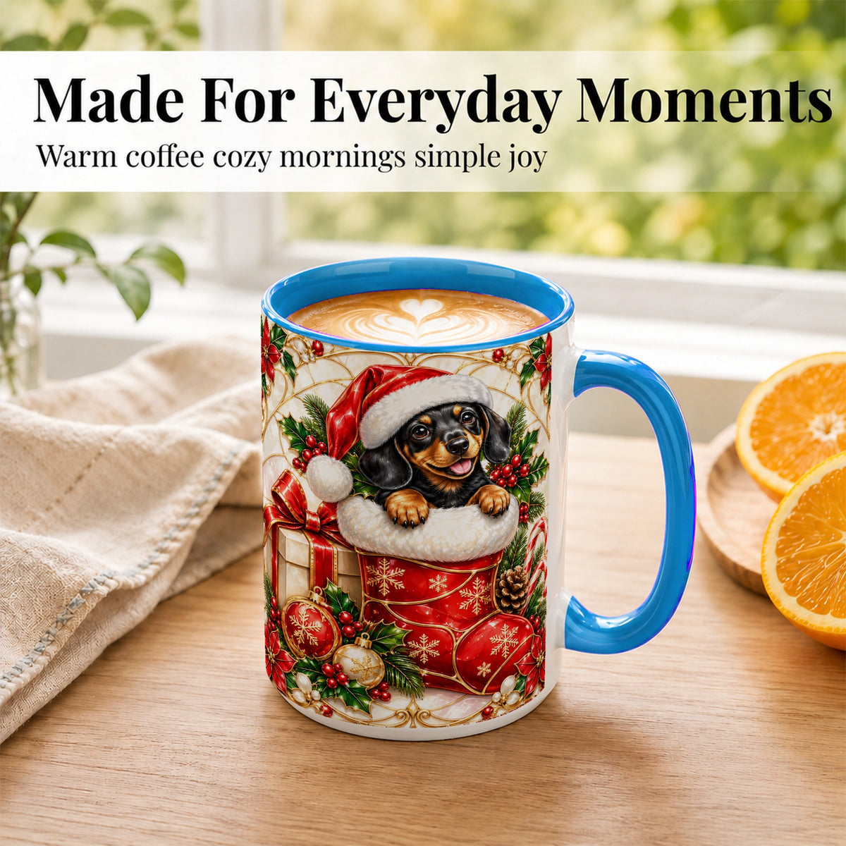 #pl[15oz|Blue] Stained Glass Dachshund Coffee Mug, Christmas Wiener Dog Mug, Ceramic Cup