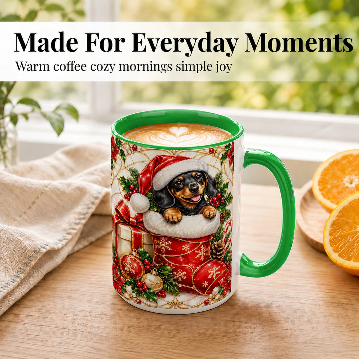 #pl[15oz|Green] Stained Glass Dachshund Coffee Mug, Christmas Wiener Dog Mug, Ceramic Cup