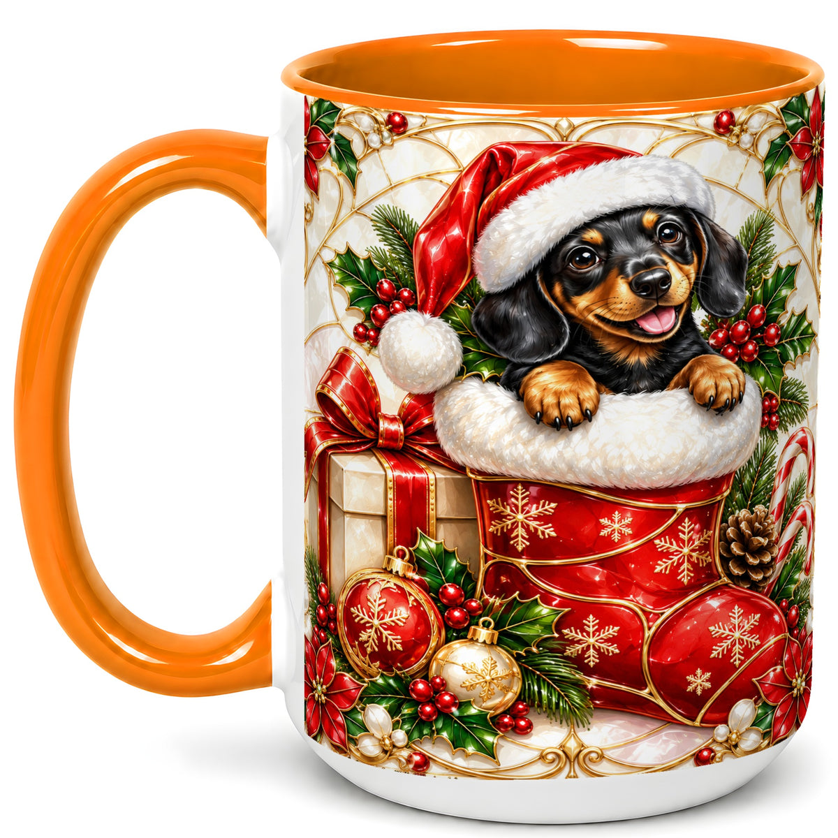 #pl[15oz|Orange] Stained Glass Dachshund Coffee Mug, Christmas Wiener Dog Mug, Ceramic Cup