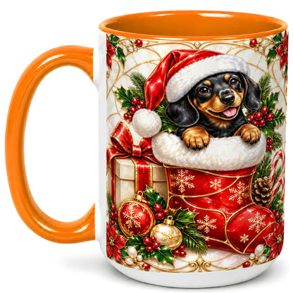 #pl[15oz|Orange] Stained Glass Dachshund Coffee Mug, Christmas Wiener Dog Mug, Ceramic Cup