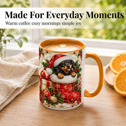 #pl[15oz|Orange] Stained Glass Dachshund Coffee Mug, Christmas Wiener Dog Mug, Ceramic Cup