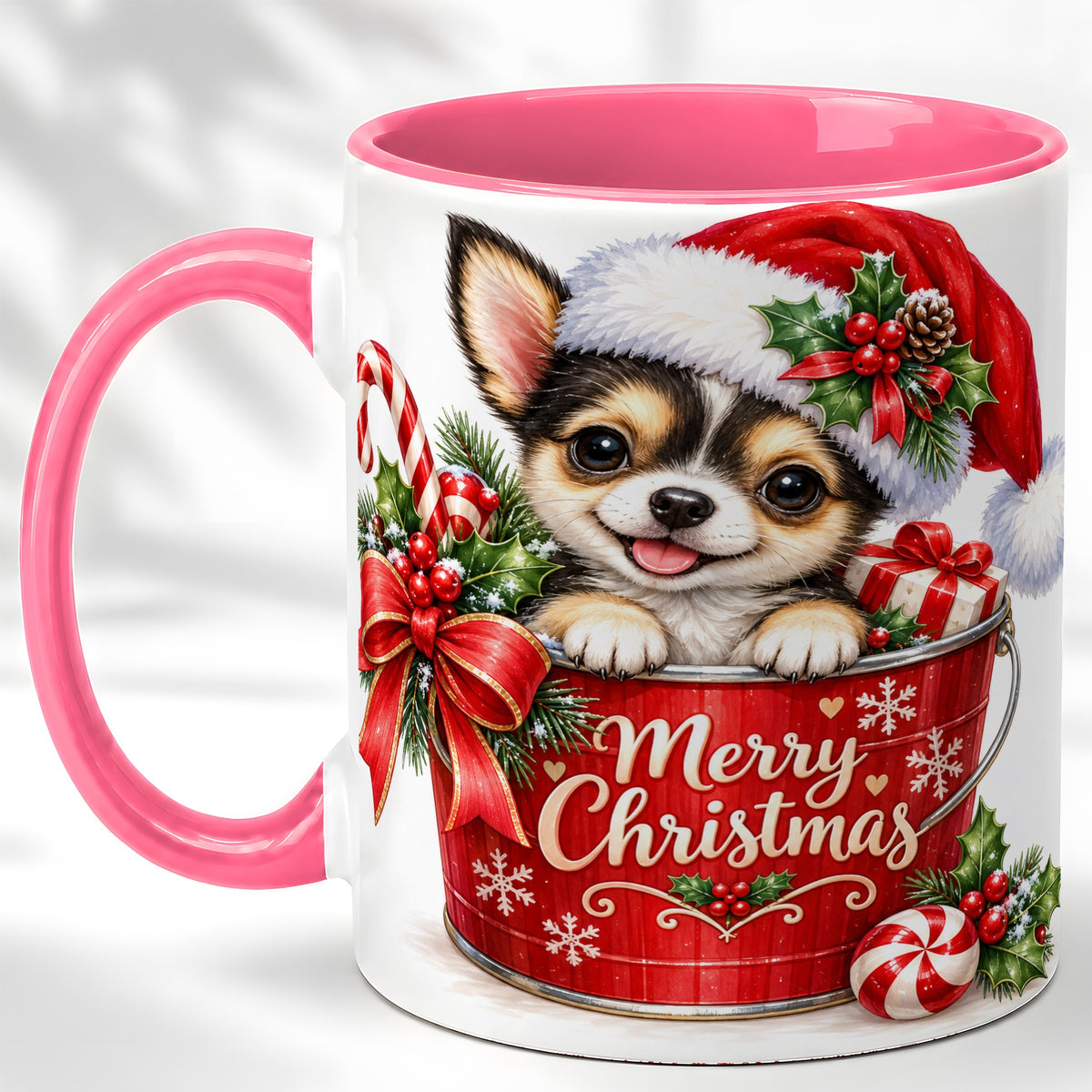 #pl[11oz|Pink] Christmas Chihuahua Coffee Mug, Merry Christmas Puppy Mug, Ceramic Cup